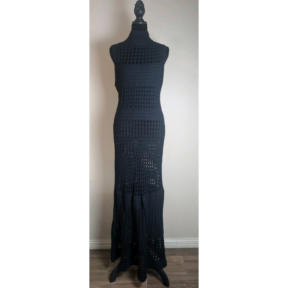 Theory Navy Blue Crochet Knit Maxi Dress Sleeveless Mock Neck Boho Beach Coverup
